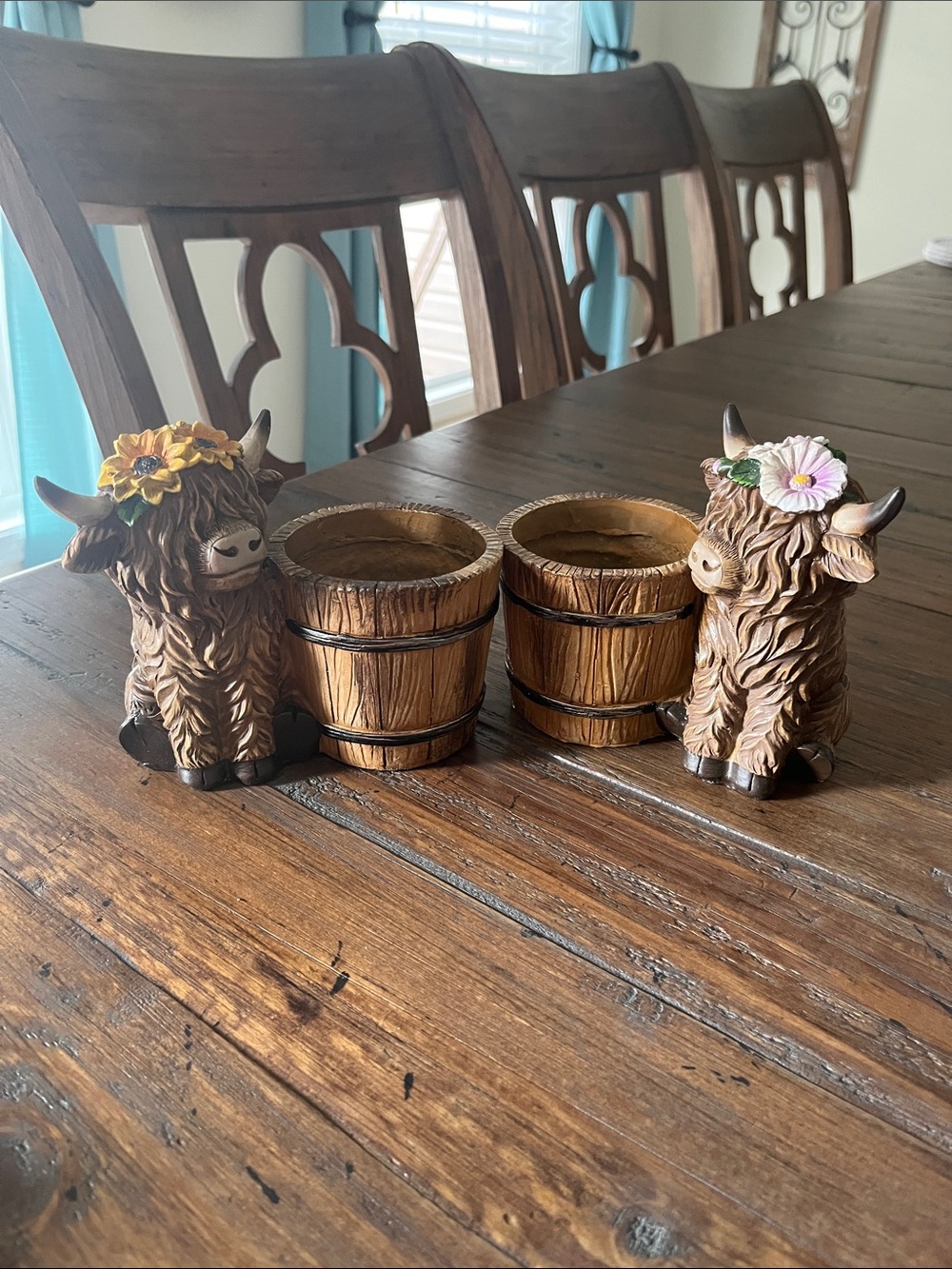 Hobby Lobby Highland Cow Resin Planter Set with Wood Barrel Pots - Brown